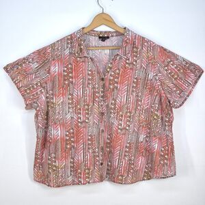 ERIKA Tribal Print Shirt Women's 3X Geometric Short Sleeve Blouse Plus Patchwork